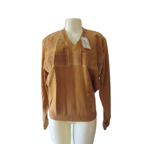 Saxony Other - Vintage New w Tags, Saxony Cognac Suede/Leather &Acrylic Sweater in Size L